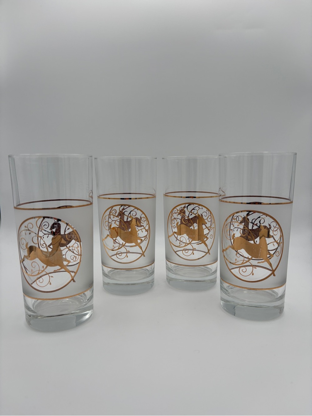 Vintage Culver Gold Reindeer Frosted Highball Glasses Set of 4